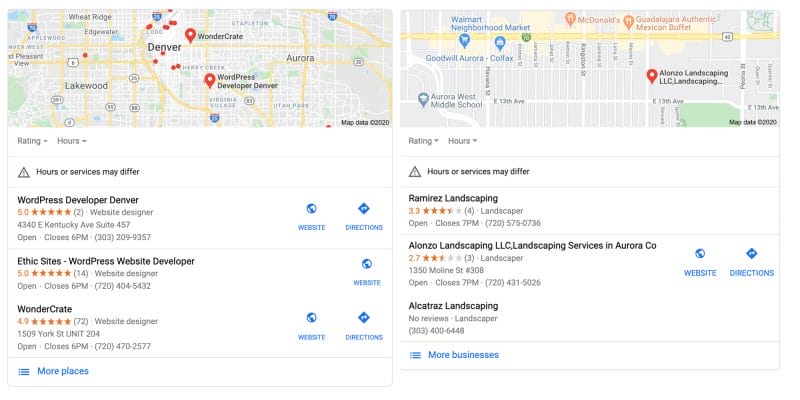 google map results for web developer and landscaper
