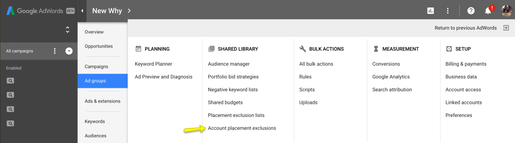Screenshot of excluding sites from your Google Adwords advertising